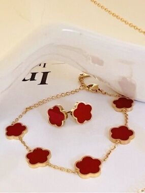 Gold Plated RED Clover Earrings bracelet SET Stainless Steel Floral